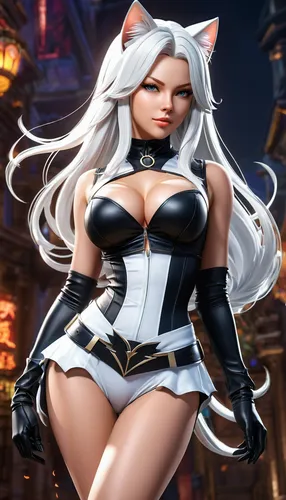 ("Summer Soderstrom") dressed as ("Felicia Hardy Black Cat"), (Long white hair), (large breasts), (small waist), (wide hips), (very beautiful), (flawless face), (realistic face), (high detail), (neoar