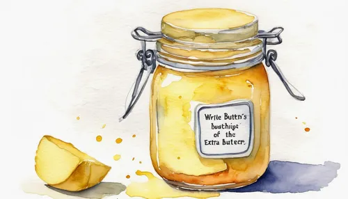 Write a funny story about a mischievous jar of extra butter.,watercolor baby items,baby food,mason jar,honey jar,empty jar,infant formula,baby bottle,fruit butter,birth announcement,celery salt,fruit 