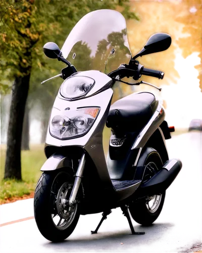 moped, urban landscape, morning fog, parked by roadside, shiny metal body, black leather seat, chrome handlebars, sporty wheels, 3/4 composition, low-angle shot, cinematic lighting, shallow depth of f