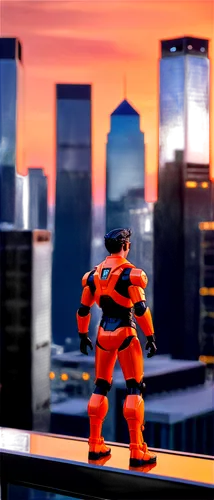 steel man,baymax,orange,3d man,disney baymax,skycraper,dusk background,patrols,orange sky,bright orange,3d render,sentinel,high-visibility clothing,lego background,magma,orange half,superhero background,actionfigure,cartoon video game background,red super hero,Unique,3D,Garage Kits