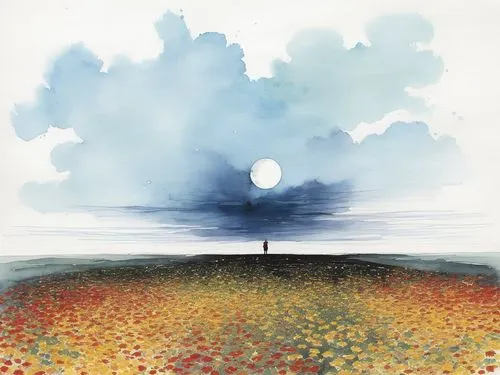 lunar landscape,poppy field,sea of fog,autumn fog,moonscape,the endless sea,sea landscape,exploration of the sea,poppy fields,ground fog,cosmos field,blooming field,an island far away landscape,stone circle,mcnaught,ploughed,foggy landscape,hossein,fall from the clouds,floating island,Illustration,Paper based,Paper Based 07