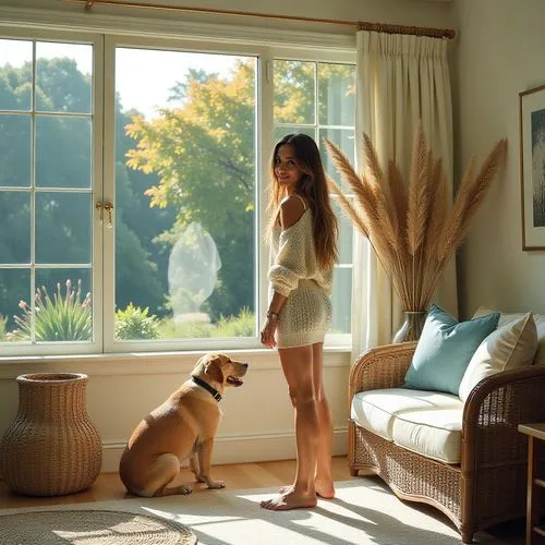 girl with dog,boy and dog,morning light,window curtain,tisdale,bay window,Conceptual Art,Daily,Daily 04