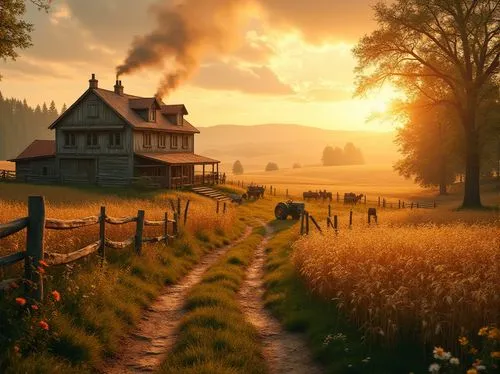 home landscape,meadow landscape,rural landscape,country cottage,summer cottage,lonely house,little house,farmstead,landscape background,countryside,salt meadow landscape,homestead,red barn,farm landscape,cottage,country side,farm house,fantasy landscape,country house,autumn morning,Photography,General,Realistic