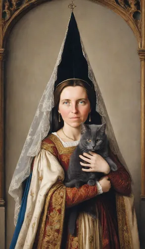 (portrait of a noble woman in 15th century medieval dress holding a one dark grey cat in her arms: 1,5), (on the woman's head there is a narrow and high Gothic cone with veil: 1,5), (a veil hangs from