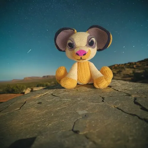 stuffed animal sitting on large rock at night,squeakquel,marsupilami,gorakh,galkaio,tittlemouse,springmann