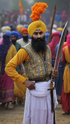 . Sikh warrior Major Singh, wearing a 425 meters long turban, brandishes a sword as he participates in a religious procession during the annual fair of \'Hola Mohalla\'  in Anandpur Sahib, in the nort