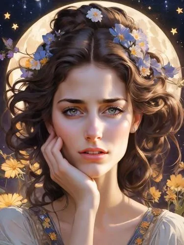 portrait of a girl with dark brown hair in the painting style of Alphonse Mucha, starry night, moon, flowers.,the painting shows the girl with flowers on her head,diwata,belle,fairie,fantasy portrait,