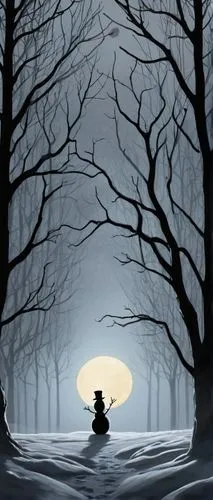 Tim Burton inspired snowman, standing alone, winter forest, foggy atmosphere, full moon, eerie silence, glowing eyes, top hat, black coat, white scarf, carrot nose, coal mouth, icy breath, frosty tree