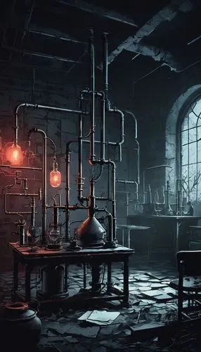 Dark academia, abandoned laboratory, eerie atmosphere, dim red lighting, old broken equipment, cracked test tubes, shattered beakers, scattered papers, mysterious formulae, dusty chalkboard, worn-out 