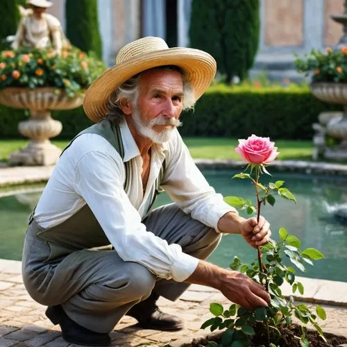 gardener,old country roses,elderly man,rose garden,historic rose,seerose,work in the garden,landscape rose,rose plant,permaculture,garden roses,gardening,rugosa rose,holding flowers,culture rose,picking flowers,way of the roses,care for the elderly,rosebush,cuba flower,Photography,General,Realistic