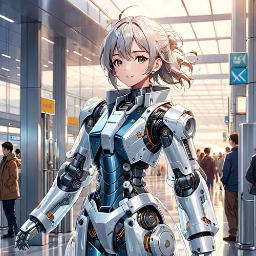 robot pilot, female robot, humanoid robot, robot exterior, robot face, metallic exterior, metallic skin, metallic face, metallic head, visible mechanisms, visible circuitry, visible chips, visible pis