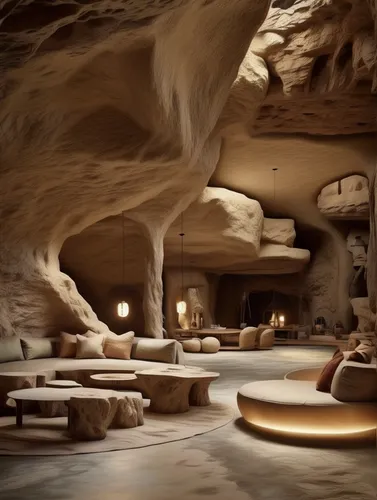 anasazi,dunes house,futuristic art museum,futuristic landscape,petra,sandstone,concept art,salt bar,ufo interior,luxury hotel,rosa cantina,mesa,lobby,cave church,cave,futuristic architecture,stone desert,3d render,mining facility,sossusvlei