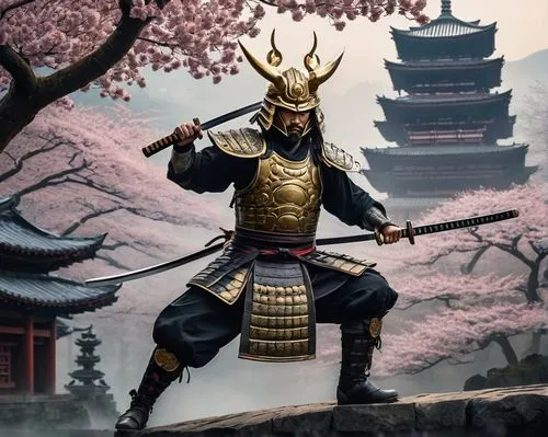 Fantasy art, samurai warrior, strong muscular build, intricately designed armor, Japanese helmet with golden horns, sharp katana sword, worn leather boots, rugged facial features, piercing brown eyes,