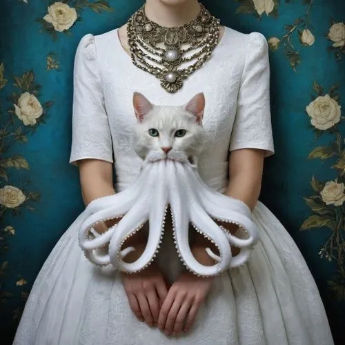 white octopuss,vintage cat,white cat,formal gloves,haute couture,victorian lady,victorian style,vintage cats,doll cat,animals play dress-up,gothic portrait,feline look,cat lovers,whimsical animals,ani