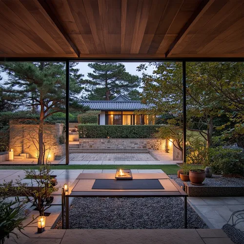 1building,a courtyard lit with candles at night,japanese zen garden,ryokan,japanese-style room,zen garden,ryokans,sangyo,japan garden,kurimoto,mizutori,dojo,kundig,cube house,tatami,nara,chanoyu,nakas