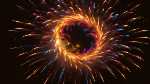 multi color Firework explosion, fire, water, element, crystal see through solar system galaxy black hole, magical symbol, black backdrop,fireworks background,pyrotechnic,fireworks art,firework,firewor