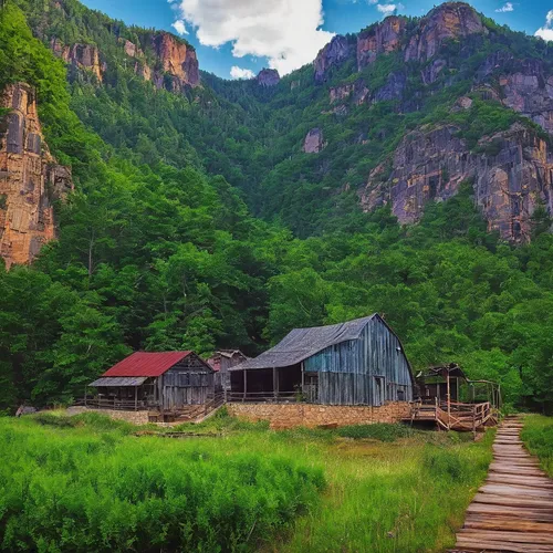 the cabin in the mountains,bucegi mountains,artvin,house in the mountains,house in mountains,ravine red romania,mountainous landscape,wooden bridge,romania,hanging bridge,mountain landscape,mountain huts,cabrales,nature landscape,the chubu sangaku national park,bucegi,mountain valley,beautiful landscape,ha giang,mountain village,Illustration,American Style,American Style 11