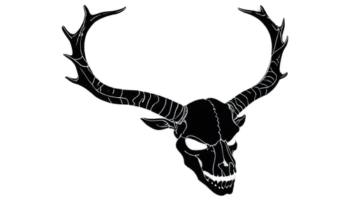 Buck skull, animal bone, dark background, dramatic lighting, sharp horns, detailed texture, eerie atmosphere, mysterious composition, high contrast, black and white, bold outline, graphic style, 3/4 v