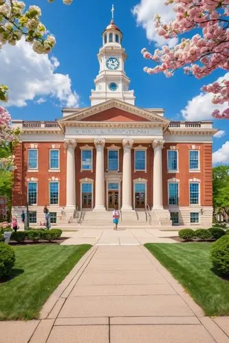 Historic city hall, Columbus Indiana, American neoclassical style, grand entrance, Corinthian columns, arched windows, red brick facade, clock tower, ornate details, symmetrical composition, daytime, 