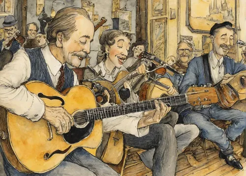 street musicians,musicians,watercolor paris,cavaquinho,folk music,sock and buskin,performers,serenade,banjo player,string instruments,street musician,bouzouki,watercolor paris balcony,live music,blues and jazz singer,charango,itinerant musician,orchestra,bluegrass,street music,Illustration,Paper based,Paper Based 29