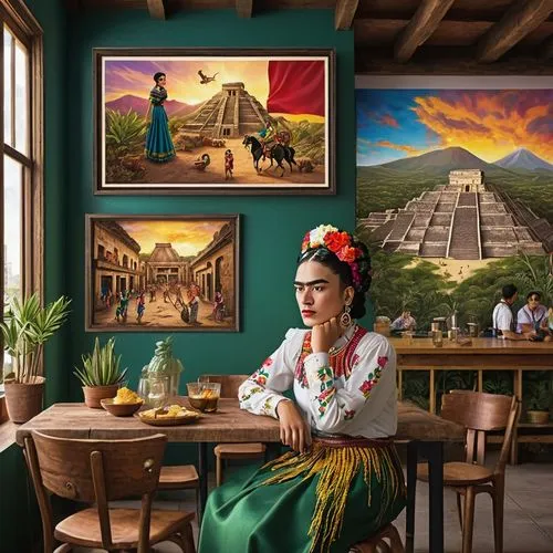 frida kahlo,woman at cafe,frida,mexicana,mexican painter,Illustration,Paper based,Paper Based 04