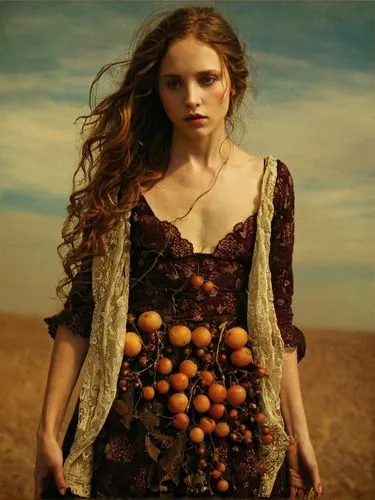 random,there is a woman wearing a dress with a bunch of fruit,autochrome,wilkenfeld,khnopff,girl on the dune,orange blossom,apricot,Photography,Artistic Photography,Artistic Photography 14