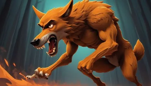 A furious cartoon wolf is about to attack me, in the style of Scooby Doo.,posavac hound,blood hound,destroy,werewolf,howling wolf,howl,defense,nine-tailed,dog illustration,feral,werewolves,wolf,fawkes