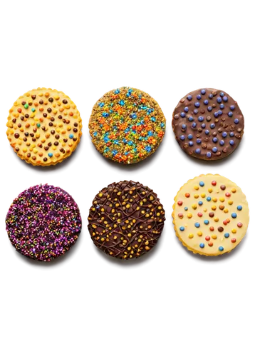 Sweet cookies, assorted flavors, colorful sprinkles, crunchy edges, soft centers, golden brown, melting chocolate chips, creamy frosting, delicate textures, morning sunlight, shallow depth of field, w