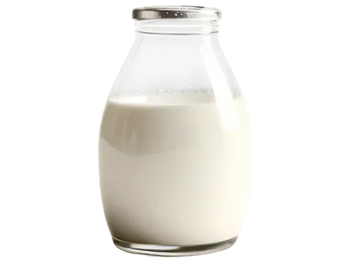 Fresh milk bottle, transparent glass, rounded shape, silver cap, white label, dew drops on surface, soft light, morning atmosphere, shallow focus, warm color tone, 3/4 composition, realistic texture, 