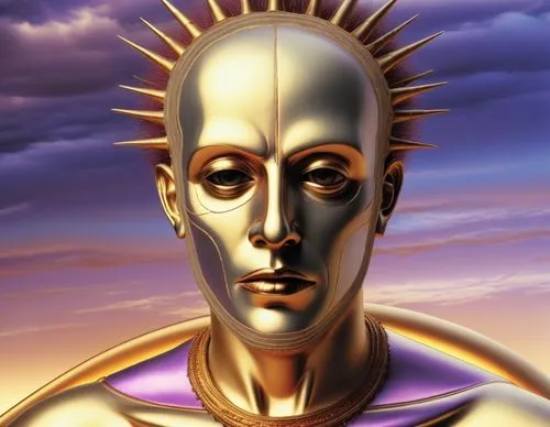 an abstract image of a head that appears to be wearing jewelry,goldtron,goldsun,golden mask,tutankhamun,goldust,gold mask,tinman,positronic,tretchikoff,ozymandias,klaatu,sun god,tutankhamen,apophis,tr