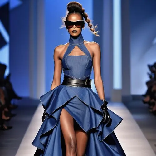 dress walk black,mazarine blue,runway,fashion design,cobalt blue,fashion designer,catwalk,fashion dolls,fashion doll,denim fabric,runways,women fashion,rwanda,fashion illustration,basotho,navy blue,ball gown,menswear for women,haute couture,black models,Photography,General,Realistic