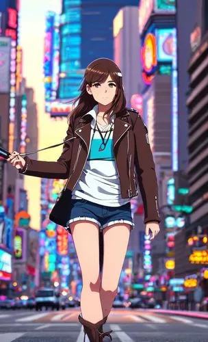 a photography full body of a caucasian girl 25 years old, brown hair wearing a brown leather jacket  stand up in the street at sunset in Las Vegas cityi as background in 4k,city trans,shibuya,anime ja