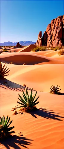 Desert landscape, sandy dunes, cactus plants, rocky formations, clear blue sky, vast open space, dramatic shadows, warm golden light, low angle shot, cinematic composition, high contrast, gritty textu