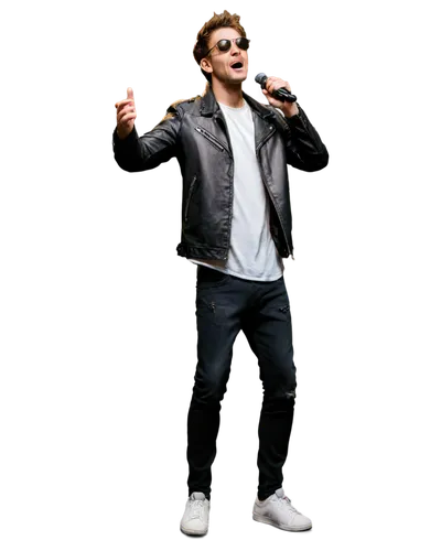 Western male singer, microphone, casual wear, ripped jeans, black leather jacket, messy brown hair, stubble, sunglasses, energetic performance, spotlight, stage smoke, dynamic lighting, low-angle shot