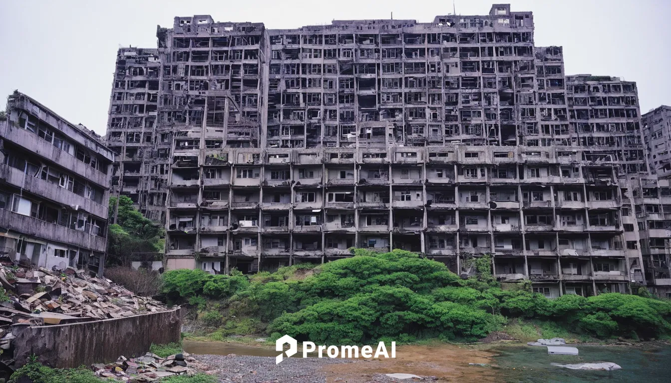 Write a haunting short story set on gunkanjima, exploring themes of isolation and decay.,hashima,gunkanjima,kowloon city,destroyed city,kowloon,luxury decay,post-apocalyptic landscape,post-apocalypse,