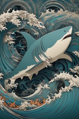 fractal design made of a great white shark made of paper surfing an ocean wave made of paper, tones of pale teal, pale orange and cream, in the style of Japanese artist Hokusai, Yayoi Kusama, hyperdet