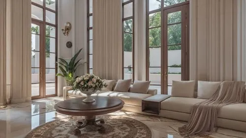 An opulent double-heighted living room with a grand colonial classical theme, seamlessly blending with the villa's exterior design. The view focuses on a majestic entrance gate wall, featuring an impo