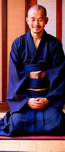 Zen, Japanese style, serene atmosphere, gentle smile, shaved head, monk's robes, wooden beads necklace, hands clasped together, closed eyes, peaceful facial expression, subtle wrinkles, aged skin, sit