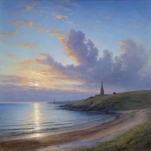 coastal landscape,landscape with sea,beach landscape,lev lagorio,sea landscape,northumberland,tynemouth,seascape,rubjerg knude,bamburgh,lighthouse,the evening light,summer evening,saint pierre,light house,daymark,saint michel,panoramic landscape,bougereau,finistère,Art,Classical Oil Painting,Classical Oil Painting 13