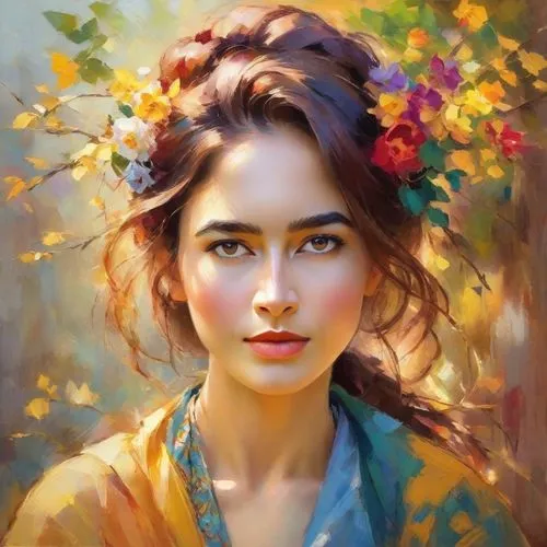 romantic portrait,girl in a wreath,fantasy portrait,mystical portrait of a girl,girl in flowers,girl portrait,beautiful girl with flowers,woman portrait,autumn icon,vietnamese woman,young woman,portrait of a girl,oil painting,floral wreath,autumn flower,splendor of flowers,boho art,world digital painting,wreath of flowers,flower painting,Digital Art,Impressionism