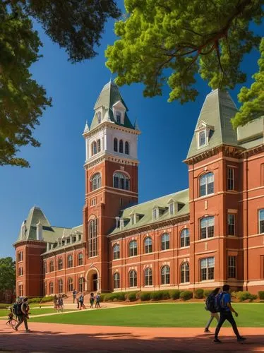 Auburn University, Samford Hall, beautiful detailed building, Romanesque Revival style, red brick walls, white columns, green roof, sprawling lawn, blooming flowers, sunny day, warm lighting, students