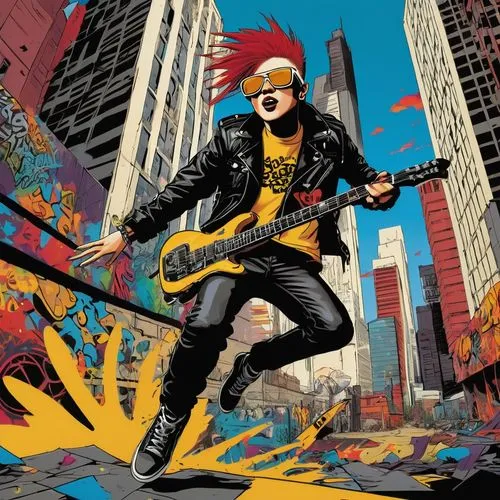 The design features a dynamic illustration of a punk rock character jumping energetically, dressed in a leather jacket and sunglasses, with a guitar in hand. The background includes urban elements lik