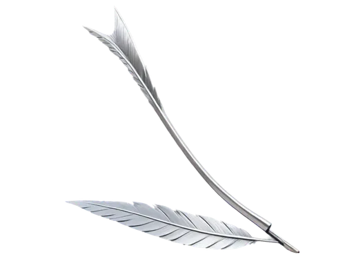 Arrow, metallic material, silver color, sharp tip, feathered tail, straight shape, 3D render, high-contrast lighting, shallow depth of field, cinematic composition, detailed texture, reflective surfac