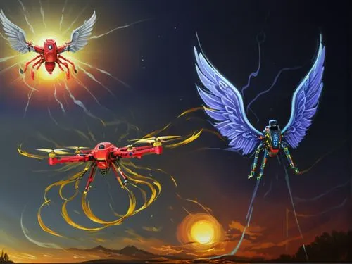 a pair of colorfully painted flying alien like objects,songhai,destoroyah,sekaric,archangels,garridos,phoenixes,Illustration,Realistic Fantasy,Realistic Fantasy 25