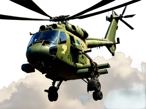 Military helicopter, solo, flying, detailed cockpit, rotors spinning, metallic body, camouflage paint, pilot in uniform, helmet on head, serious facial expression, cloudy sky background, dramatic ligh