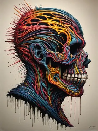 a colorful painting of a man's face with spiked hair,chevrier,genest,death head,skull drawing,skull sculpture,scull,Conceptual Art,Daily,Daily 02