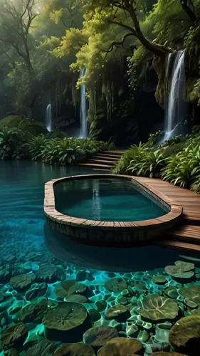 The water is moving smooth,a view of a waterfall pool with water and a wooden platform,underwater oasis,infinity swimming pool,koi pond,water spring,japan garden,mountain spring