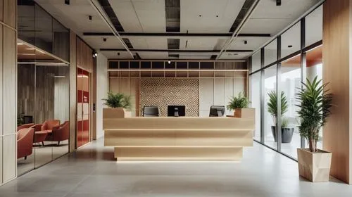 office, lobby, reception desk made of cardboard, eco-friendly style, craft paper,an open office with wooden paneling and planter boxes,modern office,bureaux,associati,offices,gensler,assay office,Phot