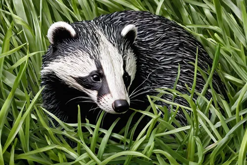 Badger in the Grass,badger,north american raccoon,striped skunk,mustelid,raccoon,common opossum,virginia opossum,mammal,polecat,mustelidae,raccoons,coatimundi,foraging,skunk,fen,opossum,animal mammal,