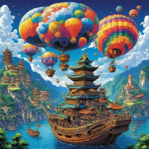 hot-air-balloon-valley-sky,hot air balloons,balloon trip,fantasy world,flying island,sea fantasy,hot air balloon,hot air balloon rides,floating island,waterglobe,tokyo disneysea,hot air balloon ride,floating islands,rainbow world map,mushroom island,3d fantasy,dream world,chinese clouds,fantasy city,hot air ballooning,Illustration,Japanese style,Japanese Style 05